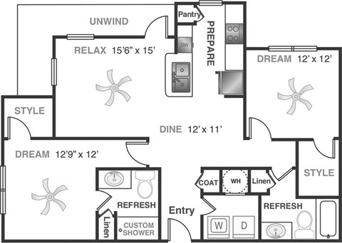 Floor plan for 2 beds, 2 baths, 1218 sqft