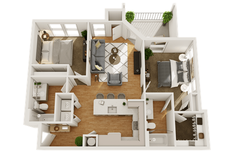 Floor plan for 2 beds, 2 baths, 964 sqft