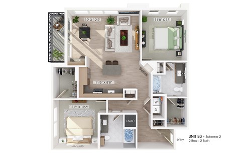 Floor plan for 2 beds, 2 baths, 1237 sqft