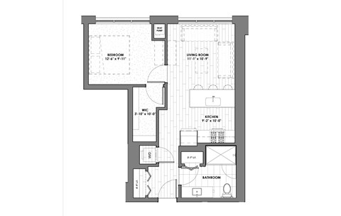 Floor plan for 1 bed, 1 bath, 640 sqft