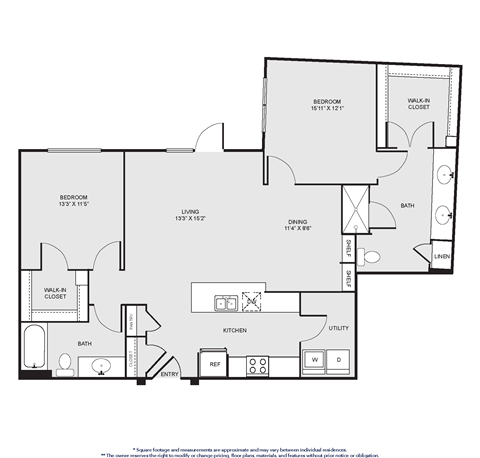 Floor plan for 2 beds, 2 baths, 1289 sqft