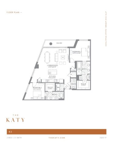 Floor plan for 2 beds, 1.5 baths, 1523 sqft