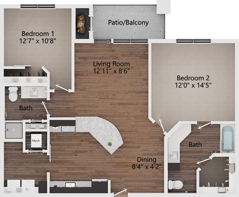 Floor plan for 2 beds, 2 baths, 1193 sqft