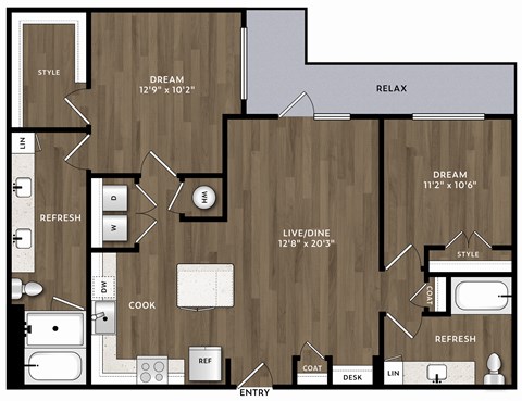 Floor plan for 2 beds, 2 baths, 1185 sqft