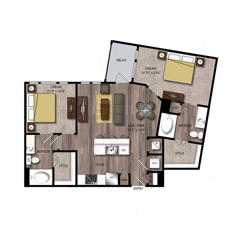 Floor plan for 2 beds, 2 baths, 1005 sqft