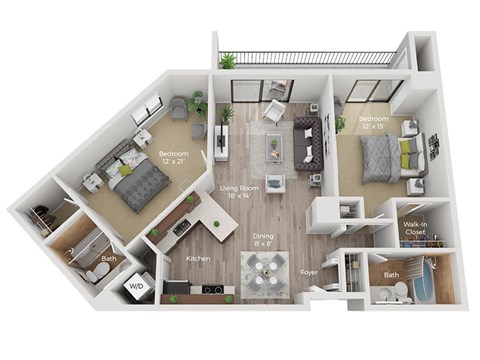 Floor plan for 2 beds, 2 baths, 1168 sqft