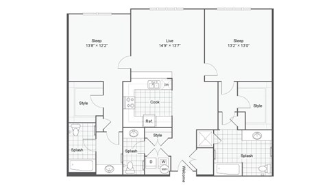 Floor plan for 2 beds, 2.5 baths, 1652 sqft