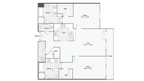 Floor plan for 2 beds, 2.5 baths, 1352 sqft