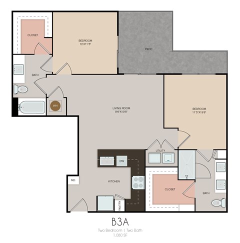 Floor plan for 2 beds, 2 baths, 1080 sqft