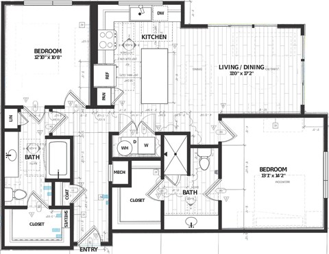 Floor plan for 2 beds, 2 baths, 1182 sqft