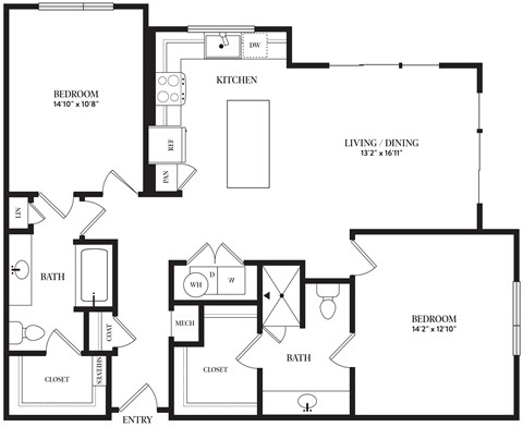 Floor plan for 2 beds, 2 baths, 1265 sqft