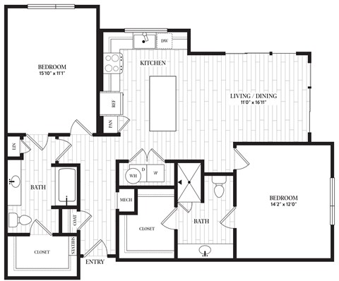Floor plan for 2 beds, 2 baths, 1232 sqft
