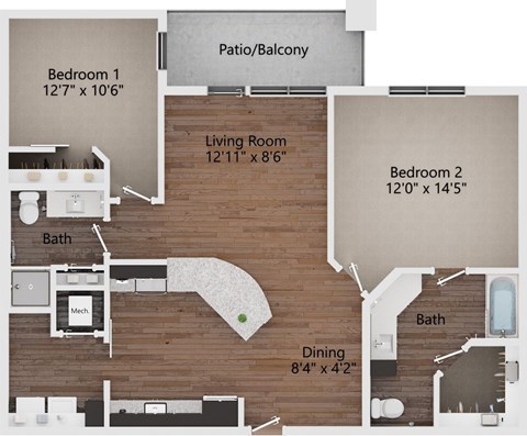 Floor plan for 2 beds, 2 baths, 1175 sqft