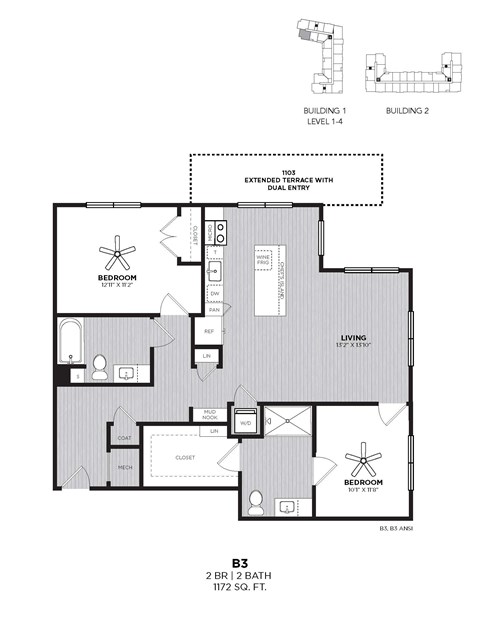 Floor plan for 2 beds, 2 baths, 1172 sqft