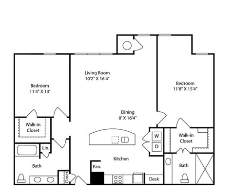Floor plan for 2 beds, 2 baths, 1250 sqft