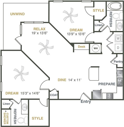 Floor plan for 2 beds, 2 baths, 1297 sqft