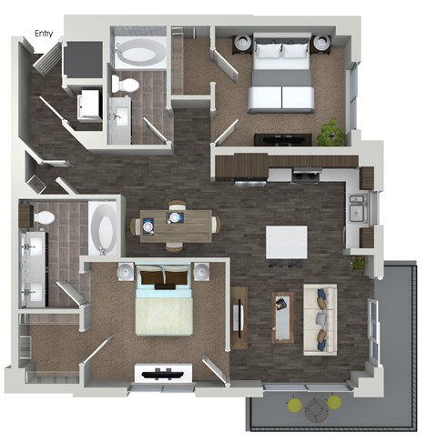 Floor plan for 2 beds, 2 baths, 1044 sqft