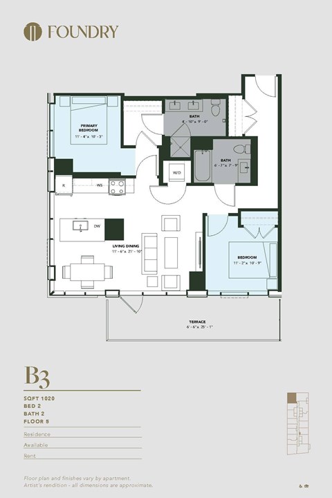 Floor plan for 2 beds, 2 baths, 1020 sqft