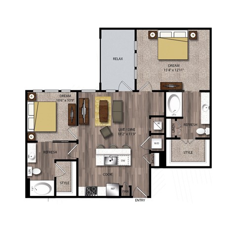 Floor plan for 2 beds, 2 baths, 1032 sqft