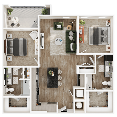 Floor plan for 2 beds, 2 baths, 1192 sqft