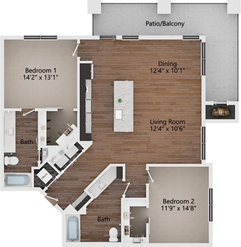 Floor plan for 2 beds, 2 baths, 1324 sqft