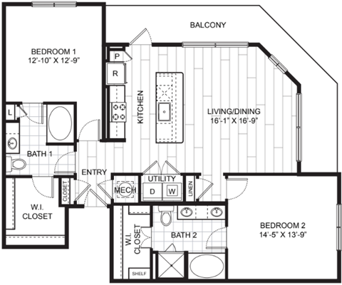 Floor plan for 2 beds, 2 baths, 1301 sqft