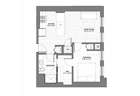 Floor plan for 1 bed, 1 bath, 650 sqft