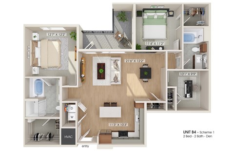 Floor plan for 2 beds, 2 baths, 1269 sqft