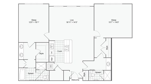 Floor plan for 2 beds, 2 baths, 1370 sqft