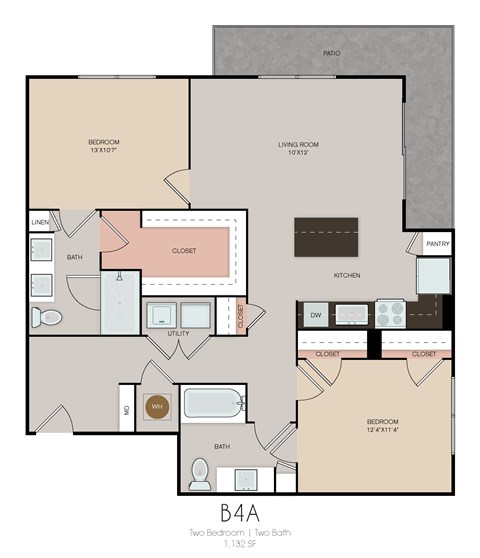 Floor plan for 2 beds, 2 baths, 1132 sqft