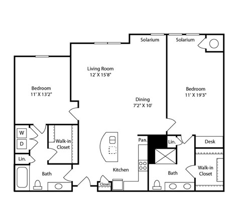 Floor plan for 2 beds, 2 baths, 1293 sqft