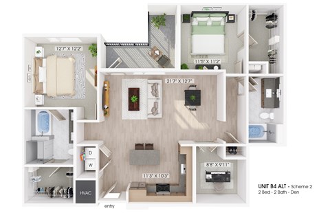 Floor plan for 2 beds, 2 baths, 1328 sqft