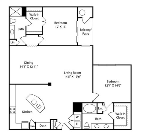 Floor plan for 2 beds, 2 baths, 1472 sqft