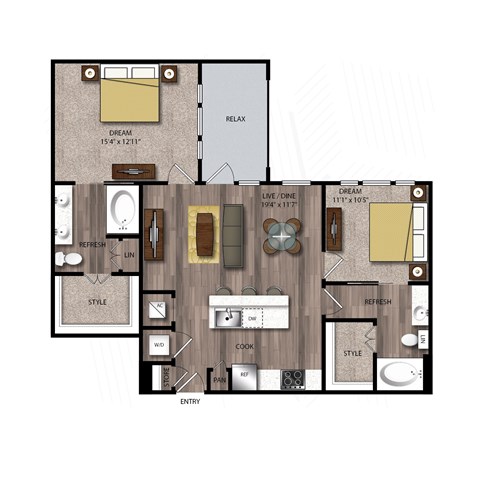 Floor plan for 2 beds, 2 baths, 1092 sqft
