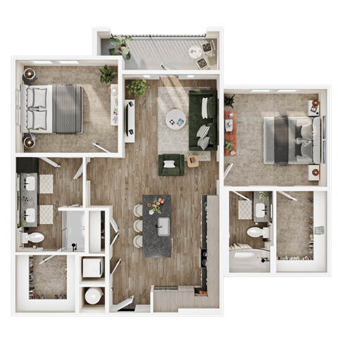 Floor plan for 2 beds, 2 baths, 1119 sqft
