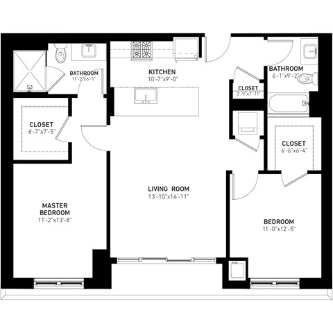 Floor plan for 2 beds, 2 baths, 1101 sqft