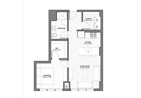 Floor plan for 1 bed, 1 bath, 690 sqft
