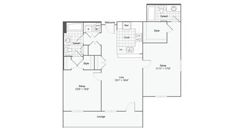 Floor plan for 2 beds, 2 baths, 1078 sqft
