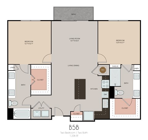 Floor plan for 2 beds, 2 baths, 1206 sqft