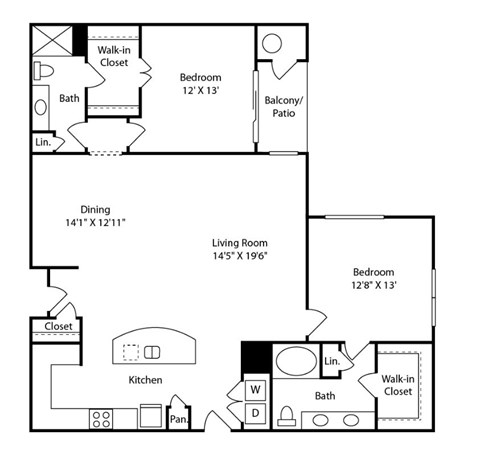 Floor plan for 2 beds, 2 baths, 1404 sqft