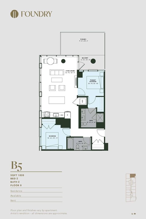 Floor plan for 2 beds, 2 baths, 1030 sqft