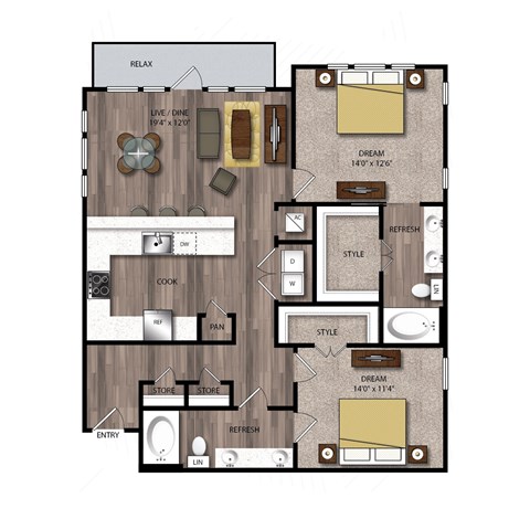 Floor plan for 2 beds, 2 baths, 1270 sqft