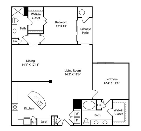 Floor plan for 2 beds, 2 baths, 1404 sqft