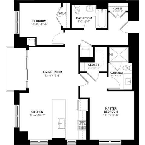 Floor plan for 2 beds, 2 baths, 1122 sqft