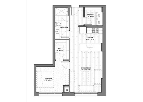 Floor plan for 1 bed, 1 bath, 730 sqft