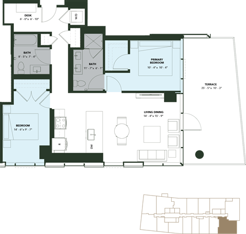 Floor plan for 2 beds, 2 baths, 1060 sqft