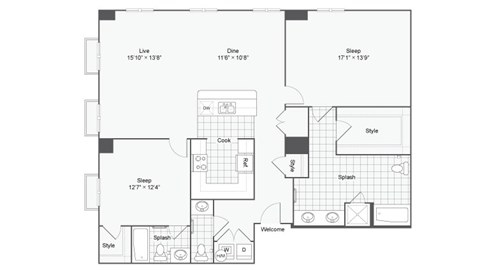 Floor plan for 2 beds, 2.5 baths, 1370 sqft