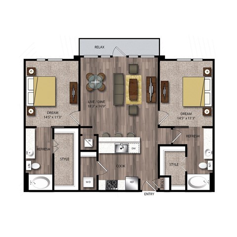Floor plan for 2 beds, 2 baths, 1199 sqft