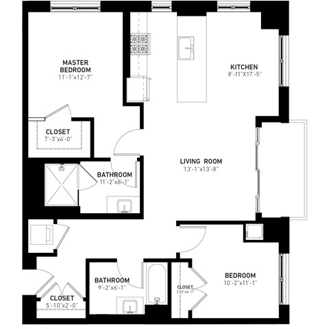 Floor plan for 2 beds, 2 baths, 1115 sqft