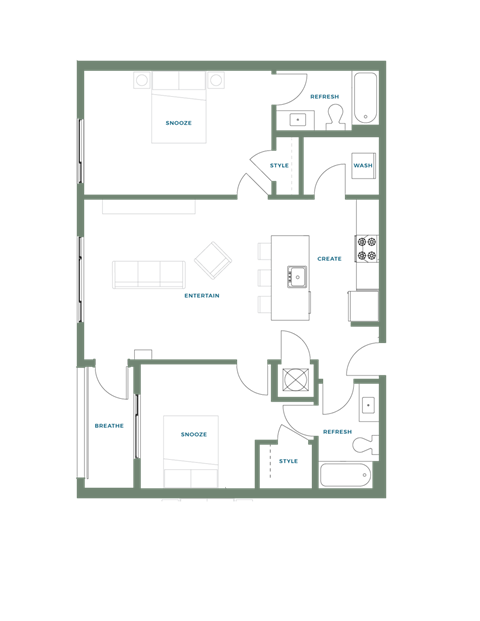 Floor plan for 2 beds, 2 baths, 1048 sqft